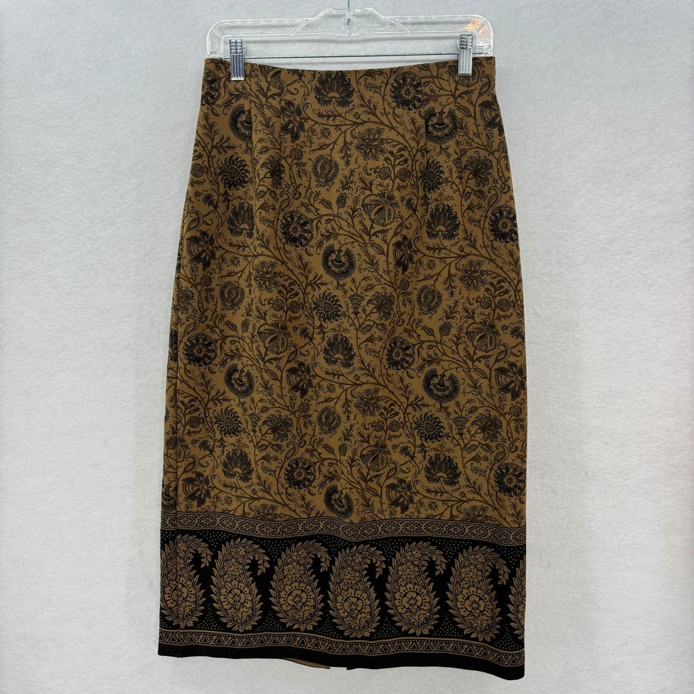 BRIGGS Petite Brown Floral Paisley Print Midi Skirt Women's Size 10P Indie Boho